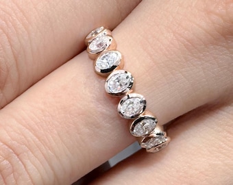 ハーフエタニティ オーバルカット モアッサナイト ダイヤモンド 結婚指輪 オーバルダイヤモンド ベゼルセット エンゲージリング 14Kソリッドゴールド 記念日ギフトリング