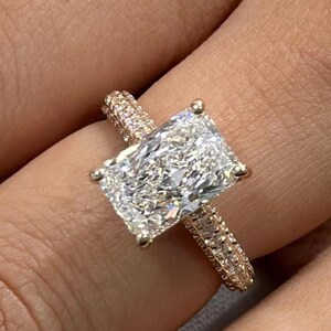 Anel de noivado de diamante cultivado em laboratório, alongado, com corte radiante e certificado pelo IGI, 3 quilates, ouro branco 14k, com halo oculto, presente de casamento para ela