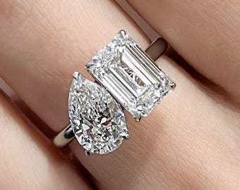 Toi Et Moi Engagement Ring, Pear and Emerald Cut Moissanite Wedding Ring, 14K White Gold Two Stone Ring, Proposal Ring for her