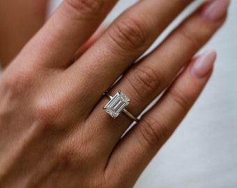 Emerald Cut Moissanite Hidden Halo Engagement Ring Prong Accent Moissanite Ring 14K Yellow Gold Anniversary Gift Ring Bridal Ring For Girls