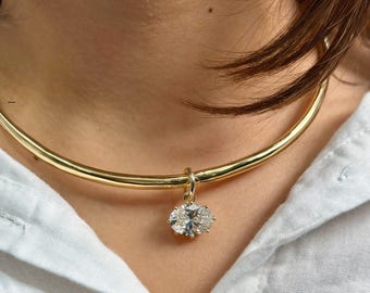 14k Yellow Gold Choker Oval Moissanite Diamond Pendant Delicate Necklace for Weddings and Parties Perfect Necklace For Loved Ones
