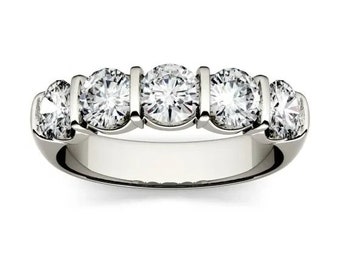 Bar Accent Engagement Ring Round Cut Moissnaite DIamond Wedding Ring 14K White Gold Moissanite Anniversary Gift RIng For Women Bridal RIng