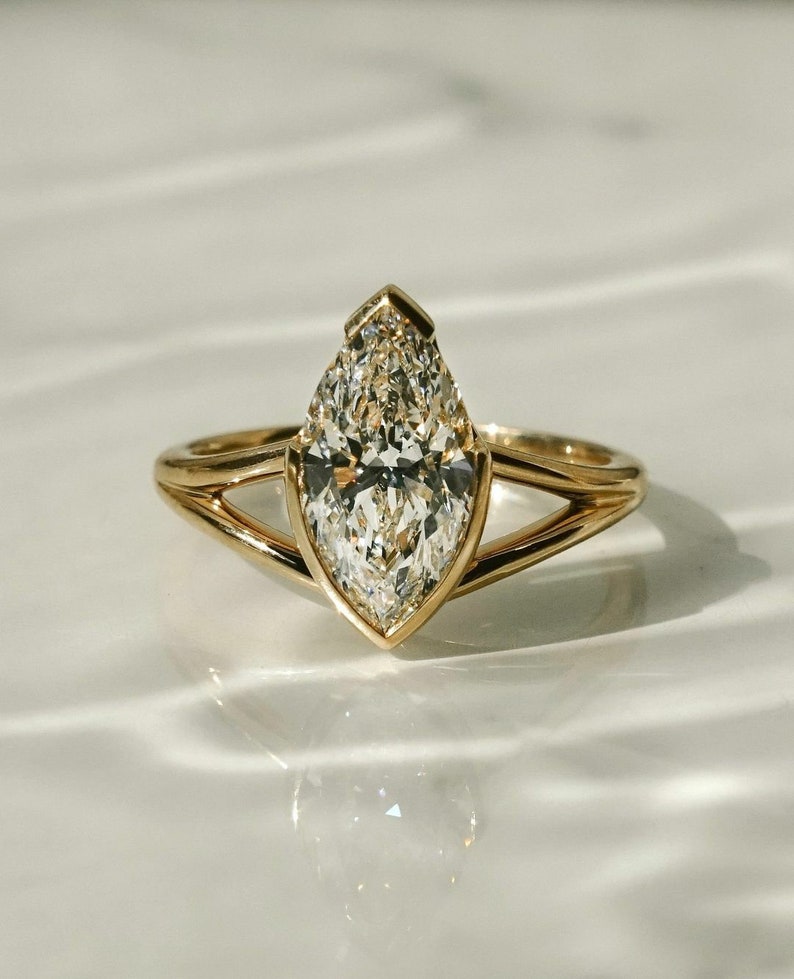 Marquise Cut Moissanite Engagement Ring 14K Yellow Gold Split Accent ...