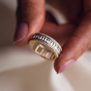 Three Line Engagement Band Moissanite Diamond Baguette And Round Cut Wedding Band Prong Accent Diamond Half Eternity Statement Ring For Her
