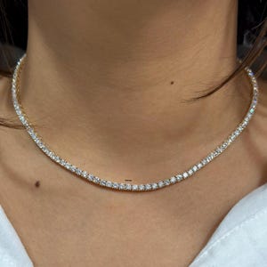 14k Yellow Gold Tennis Necklace, Minimalist Round Moissanite Diamond Necklace, Dainty Diamond Tennis Necklace, Round Diamond Choker For Her