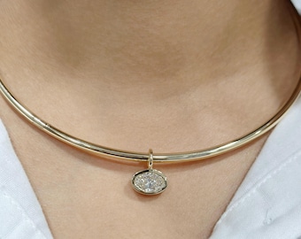 14K Yellow Gold Choker Necklace, Oval Diamond Bezel Set Pendant Necklace, Moissanite Diamond Necklace, Anniversary Gift For Beautiful Wife