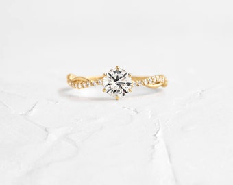 Moissanite Round Cut Engagement RIng 14K Yellow Gold Wedding Ring Cross Over Shank Bridal Ring Pave Accent Anniversary Gift Promise Ring