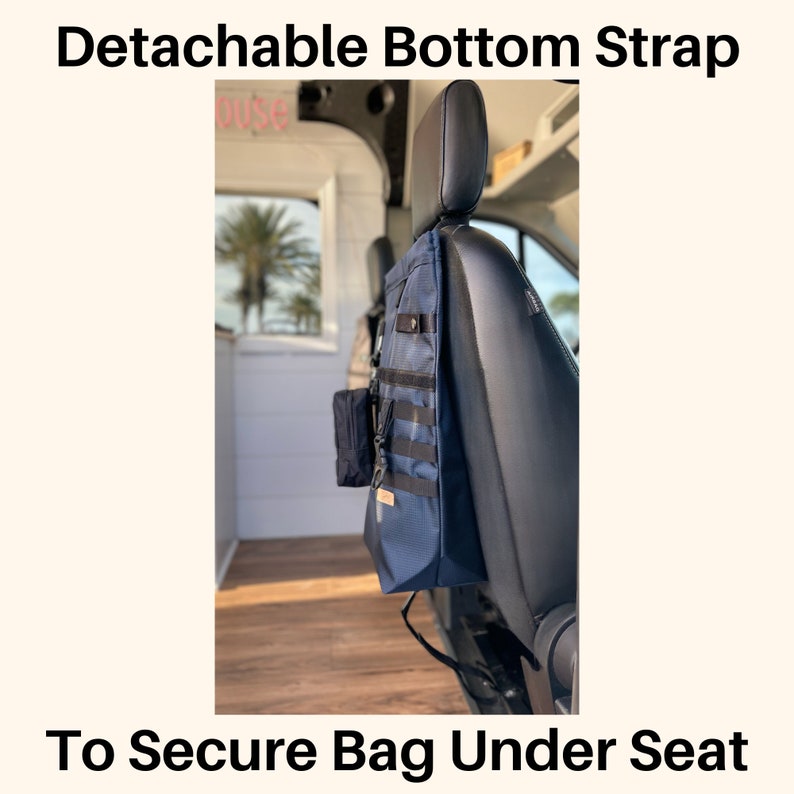 May include: A blue bag with a black strap is secured under a car seat using a detachable bottom strap. The strap is attached to the seat with a buckle. The bag has a small pocket on the front and a larger pocket on the side. "To Secure Bag Under Seat" is written in black text at the bottom of the image.