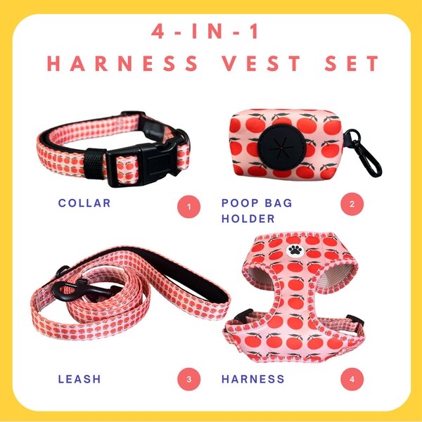 DOMA adjustable retractable no pull soft mesh padded pet harness, leash, collar and poop bag set (Oranges Pattern)