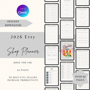 Könnte beinhalten: Ein digitales 2026 Etsy Shop-Planer-Vorlagen-Set mit 63 Seiten zur geschäftlichen Organisation. Das Layout enthält Tracker für Bestellungen, Wachstum, Anzeigen und Wettbewerber sowie Zielsetzungs- und Shop-Builder-Blätter, editierbar in Canva.