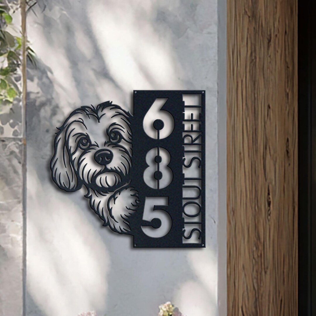 Cavapoo Address Sign – Vertical Metal House Number Plaque for Outdoor ...