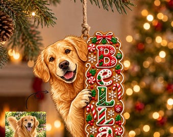 Custom Pet Photo Ornament – Personalized Wooden Dog Ornament with Vertical Name