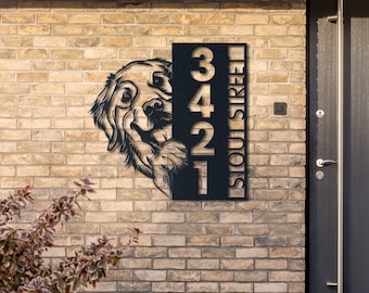 Golden Retriever Address Sign – Vertical Metal House Number Plaque for Outdoor Use