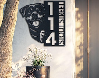 Rottweiler Address Sign – Vertical Metal House Number Plaque for Outdoor Use