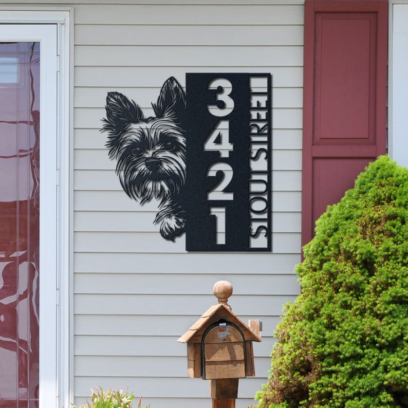 Yorkie Address Sign – Vertical Metal House Number Plaque for Outdoor ...