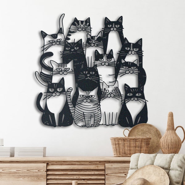 Funny Cats Metal Wall Art, Whimsical Feline Decor, Black Cat Sign