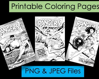 Coloring Pages for Adults Vintage Comic Book Covers – Action-girl and Firehair – Good Girl Vintage Art – 11 Different Images