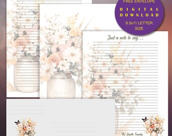 Mason Jar Floral Stationery set, Stationery set, Writing paper, lined paper, Digital Download Paper, Nature-Inspired Stationery, Envelope