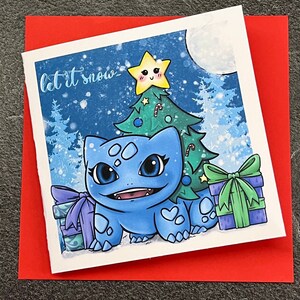 Tarjeta navideña de Bulbasaur con la frase &quot;Let It Snow&quot; (Que nieve) de 5&quot; x 5&quot;