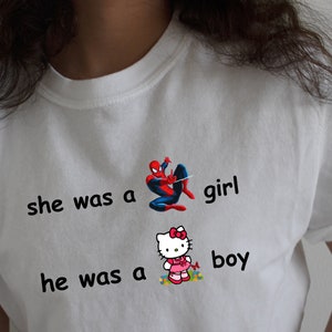 Sanrio spiderman couple tee, hello kitty, kawaii t-shirt, girls tee, girls meme tshirt meme humorous tee, y2k genz meme funny humor tee image 1