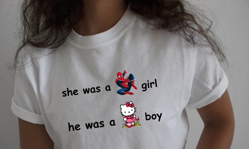 Sanrio spiderman couple tee, hello kitty, kawaii t-shirt, girls tee, girls meme tshirt meme humorous tee, y2k genz meme funny humor tee image 1