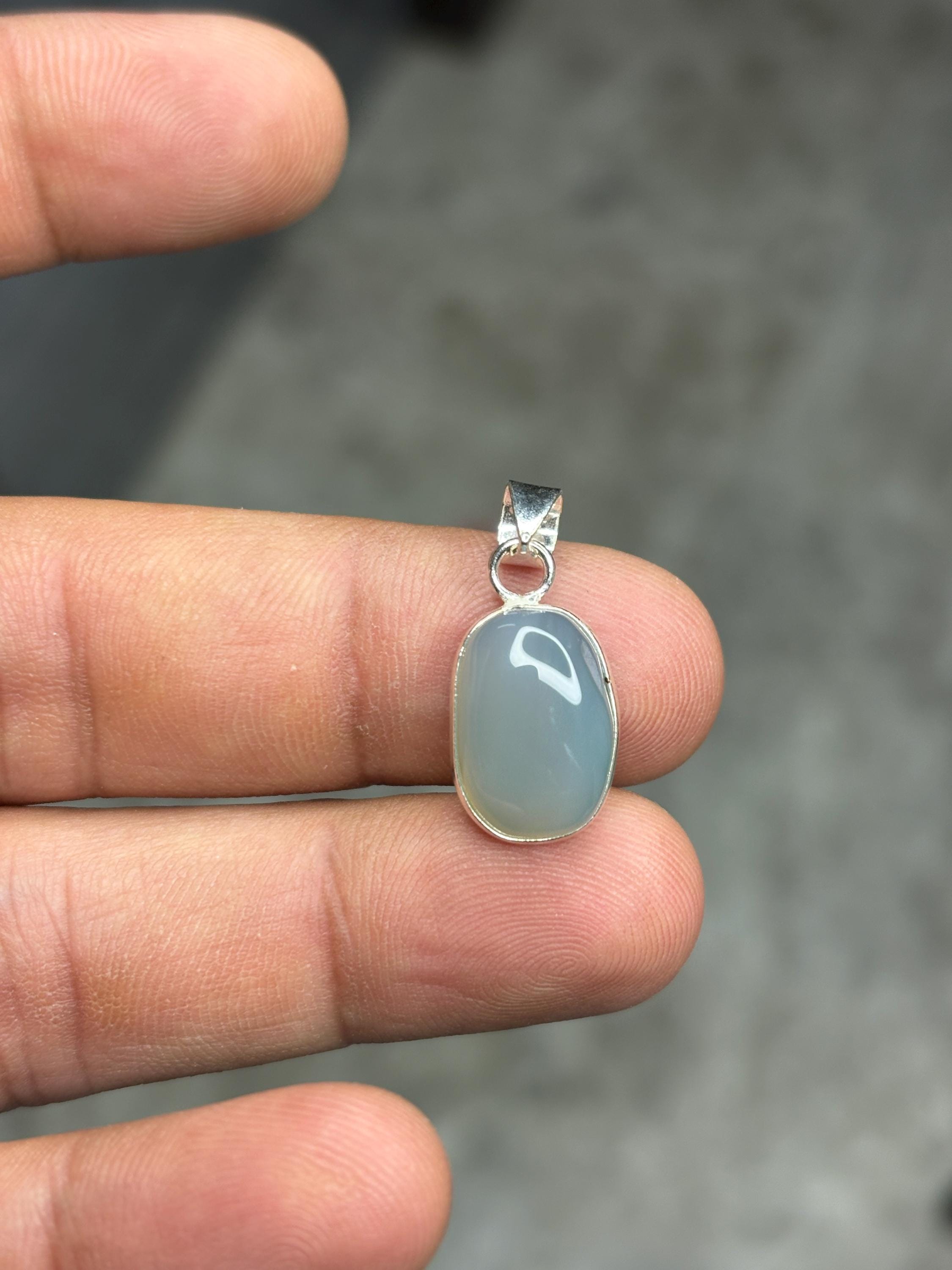 Grey Chalcedony Pendant, 925 Sterling Silver, Minimalist Neutral Stone Jewelry
