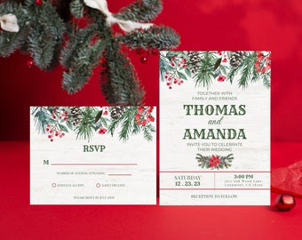 Modello di invito per matrimonio invernale, modello di invito per matrimonio RSVP, modello di invito stampabile per le vacanze, modello di invito per matrimonio RSVP Canva PRO