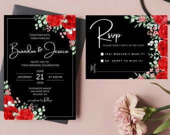 Set di modelli di inviti di nozze con rose rosse nere, invito romantico, modello di invito di nozze Canva PRO, invito stampabile modificabile in PDF