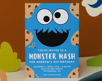 Invito di compleanno a tema Monster Mash, Cookie Monster, modello modificabile (PDF)