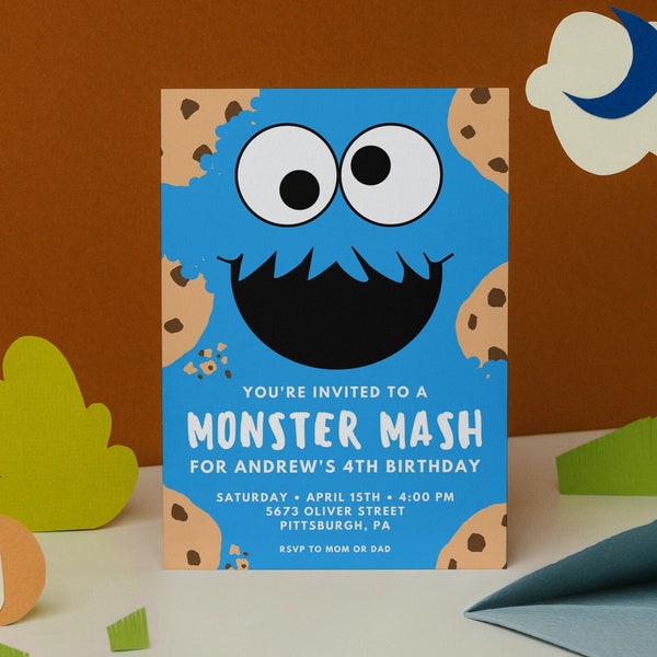 Monster Mash Birthday Party Template, Blue Monster of Cookie Birthday Invite, Chocolate Chip Cookie Invitation, Editable Printable Template