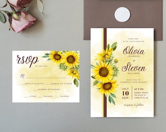 Set di modelli di inviti di nozze con girasoli, inviti di nozze estivi floreali, modello RSVP di invito di nozze modificabile e stampabile Canva PRO