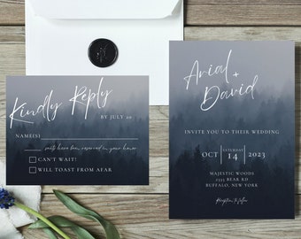 Forest Woodland Wedding Invitation Template Set, Rustic Mountain Woodland theme Invite, Editable Printable Invitation RSVP Wedding Canva PDF