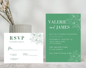 Set di modelli di invito per matrimonio botanico, modello di matrimonio floreale, modello di set di invito per matrimonio Canva, invito stampabile modificabile RSVP