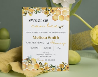 Modello di invito per baby shower "Miele dolce come un'ape", Baby shower estivo da mamma a ape, invito per baby shower ape, Baby shower Canva PRO