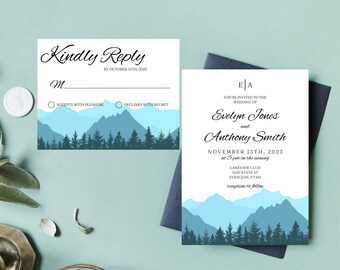Invito di nozze Blue Mountain, RSVP in stile rustico forestale (Canva PRO)
