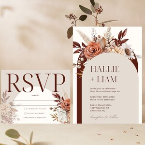 Boho Pampas Arch Wedding Invitation Template Set, Modern Invitation Template, Canva PRO Wedding Editable Printable Invitation RSVP Template