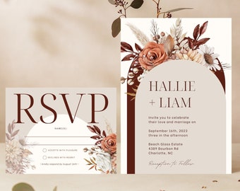 Set di modelli di inviti per matrimonio Boho Pampas Arch, modello di invito moderno, modello di invito RSVP modificabile per matrimonio Canva PRO