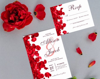 Set di modelli di inviti di nozze con rose rosse, invito romantico, modello di set di inviti di nozze Canva, invito RSVP PDF stampabile modificabile