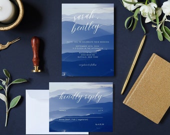 Set di modelli per invito a nozze in montagna blu, invito a tema bosco di montagna rustico, invito stampabile modificabile RSVP matrimonio Canva PDF