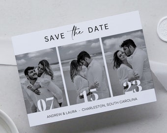 Modello di invito "Save the Date" con tre foto, annuncio di matrimonio moderno (PDF)
