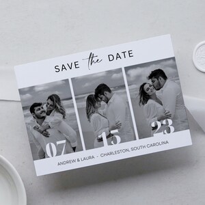 Save the Date Wedding Announcement, Three Photo Customizable Printable Template Canva, Modern Save the date, Gray Scale Photo Wedding PDF