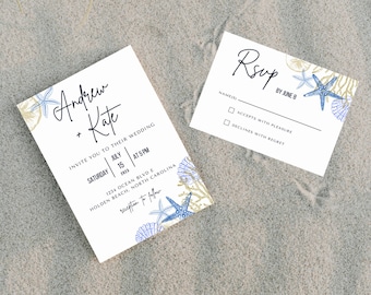 Modello di invito per matrimonio in spiaggia, invito per matrimonio nautico, modello di invito per matrimonio Canva PRO, invito RSVP stampabile modificabile