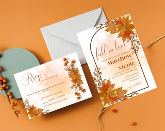 Set di modelli di inviti di nozze "Fall in Love", inviti di nozze con foglie autunnali, modello RSVP di invito stampabile modificabile per nozze Canva PRO