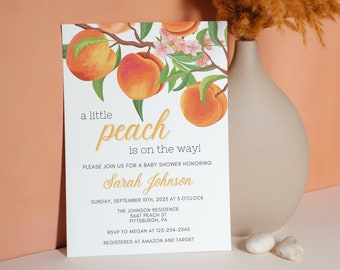 Invito per baby shower a tema pesca e frutta da giardino (Canva PRO, PDF modificabile)