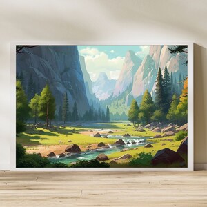 Väggkonst i Yosemite Valley | Horisontell landskapsmålning i 600 DPI | Nedladdningsbara färgskisser i Colorkojo-format | Utskrivbart konsttryck