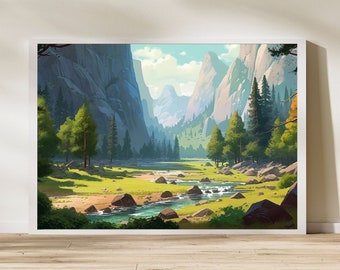 Arte de pared del valle de Yosemite / Pintura de paisaje horizontal de 600 DPI / Boceto de color Impresiones Colorkojo descargables / Impresión de arte imprimible