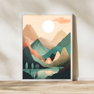 Könnte beinhalten: Eine digitale Illustration einer Berglandschaft mit einem See im Vordergrund. Die Berge sind in verschiedenen Grüntönen, Blautönen und Brauntönen gehalten, der See ist hellblau. Die Sonne scheint hell am Himmel.
