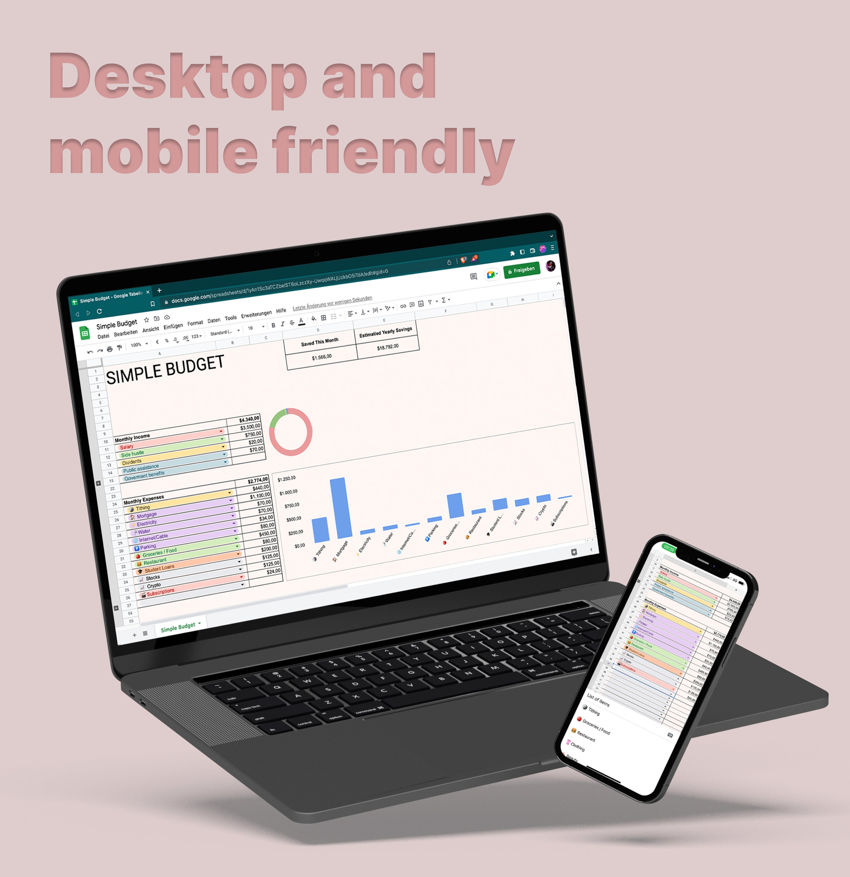 Simple Budget Spreadsheet for Desktop and Mobile, Google Sheets Budget ...
