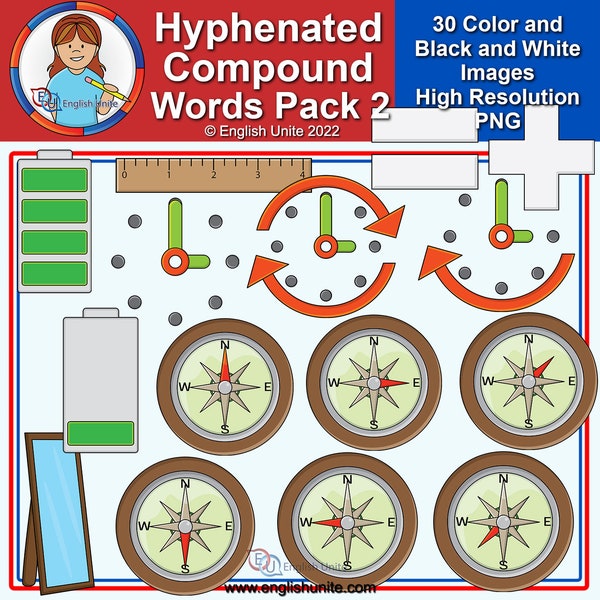 Clip Art - Hyphenated Compound Words Pack 2 - Educational Grammar Graphics for Teachers, Curriculum Developers, and Homeschool