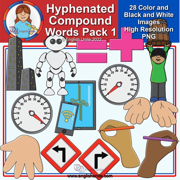 Clip Art - Hyphenated Compound Words Pack 1 - Educational Grammar Graphics for Teachers, Curriculum Developers, and Hand-Crafted Goods